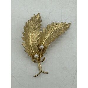 Vintage TURIN Pin 12k GF Gold Filled Leaf  Leaves Brooch Pearl 1950s